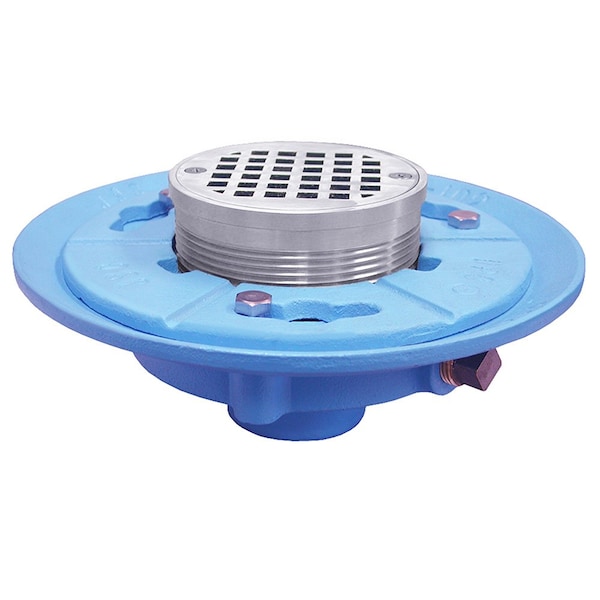 2in IPS Code Blue Floor Drain, 7in Pan, 5in Chrome Plated Round Strainer, Height 2-7/8in - 4-1/2in